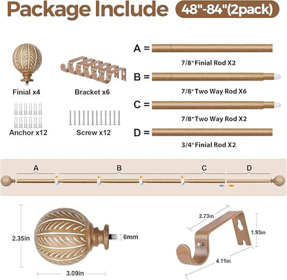 KAMANINA 2 Pack Wood Curtain Rods for Windows 48 to 84 Inch(4-7ft), 1 Inch Adjustable Drapery Rod, Decorative Heavy Duty Curtain Rods with Leaf Pattern Finials, Wood Grain