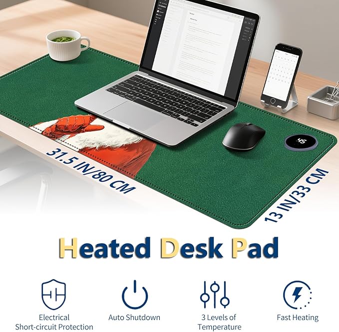 Heated Mouse Pad with 3 Temperature Settings(104°F–122°F),Large 31.5x13 Inch PU Leather Heated Desk Mat,Waterproof Warming Pad for Office,Gaming & Cold Hands Relief,Santa Christmas