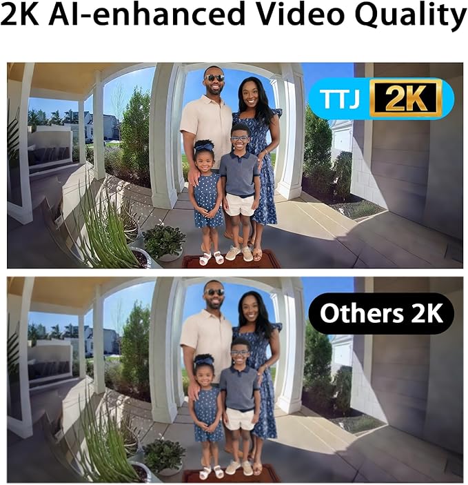 TTJ Video Doorbell Camera 2K with Chime, No Monthly Fee, Head-to-Toe View, 180° Large Field of View,Night Vision，AI Motion Detection, 4000mAh Battery Powered, 2.4GHz WiFi Only, IP65 Weatherproof