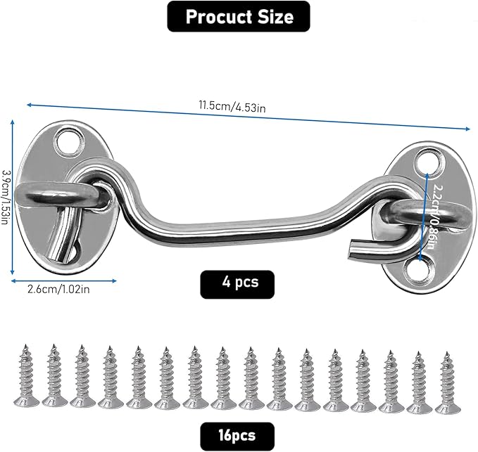 4-Pack 4Inch Door Lock Gate Latch Premium Stainless Steel Hook and Eye Gate Latch Cabin Hook with 16pcs Screws, Silver