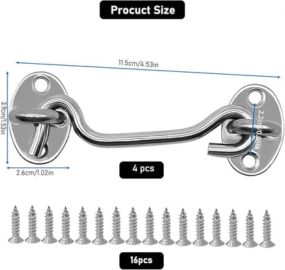 4-Pack 4Inch Door Lock Gate Latch Premium Stainless Steel Hook and Eye Gate Latch Cabin Hook with 16pcs Screws, Silver
