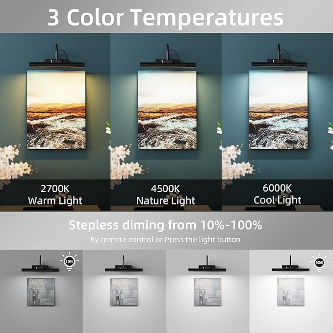13.8inch Battery Operated Wireless Picture Light，Remote Control Painting Display Lights, Rechargeable Wall Lights with Three Modes and Power Display for Art Frame (13.8in Black-2set)