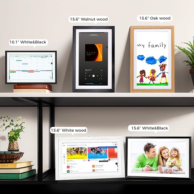 15.6" All-in-one Smart Display|Digital Google Calendar No Subscription|Picture Frame with Anti-Glare Touchscreen|Built-in Li-Battery|Wall-Mount or Desktop|Google Home Hub,App Store (15.6" Walnut Wood)