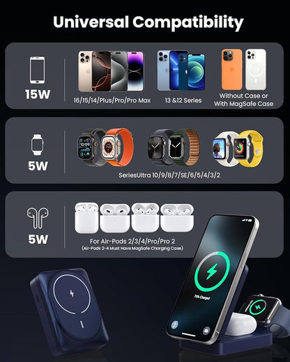 3-in-1 Wireless Charger Charging Station for iPhone, Qi2 Certified 15W Fast Charging Foldable Magnetic Charger Stand with 30W USB C Adapter for MagSafe iPhone 16/15/14/13/12, Apple Watch, AirPods