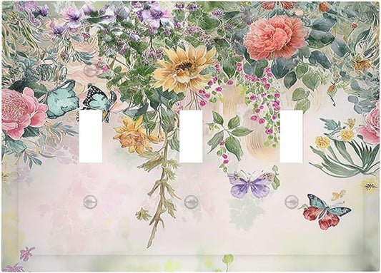 Light Switch Covers Rustic Floral Watercolor Flower Blossom Butterfly 3 Gang Wall Plates Triple Toggle Outlet Cover Decorative Switchplates Electrical Panel Cover for Kitchen Living Room 4.8 X 6.7 IN