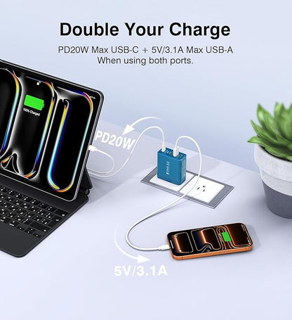 [2-Pack] USB C Wall Charger, 60W Fast USB C Charger Block, 5-Port PD Power Adapter + QC Wall Plug Multiport Type C Charging Block Cube Compatible with iPhone 17 16 15 14 13 12 Pro Max XR XS, Blue