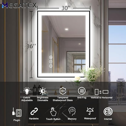 30x36 Lighted Mirrors for Bathroom Wall, Modern Rectangle Matte Black Mirror, Tempered Glass，Double Lights, 3 Colors Dimmable Temperature, IP54 Enhanced Anti-Fog, Memory (Horizontal/Vertical)