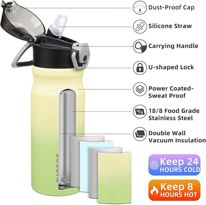 BJPKPK Insulated Water Bottle 18oz Stainless Steel Water Bottles with Straw and Carry Handle Double Wall Metal Thermal Flask,Lime