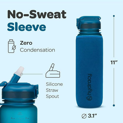 Hydracy Water Bottle with Time Marker -Large BPA Free Water Bottle & No Sweat Sleeve -Leak Proof Gym Bottle with Fruit Infuser Strainer & Times to Drink -Ideal for Fitness Sports & Outdoors