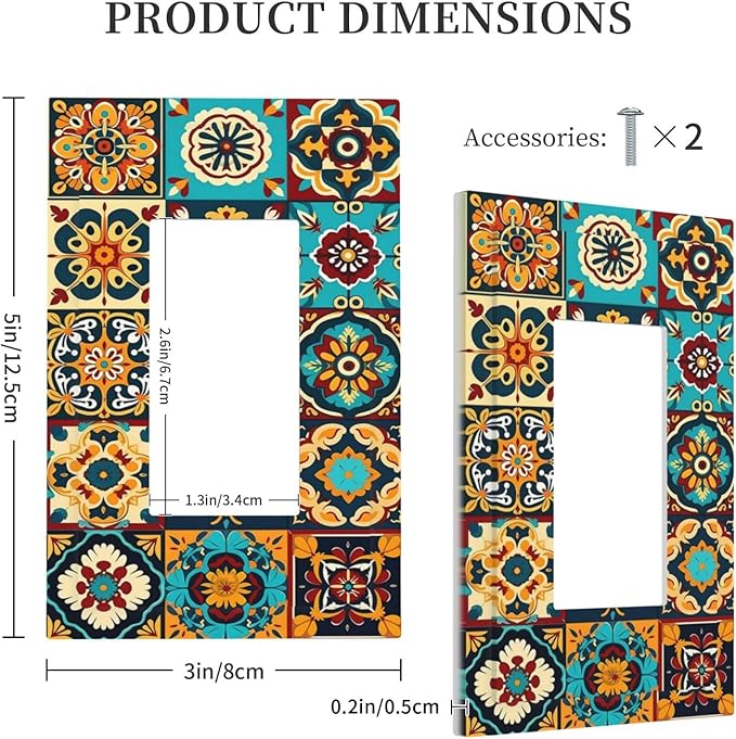 Mexican Talavera Ceramic Tile Moroccan Boho Decorative Outlet Covers 1 Gang Single Rocker Light Switch Cover Plate Wall Plates GFCI Faceplate for Bathroom Kitchen Decor