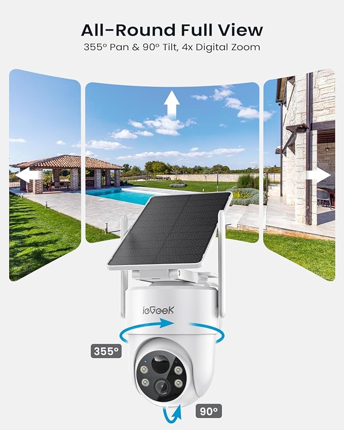 ieGeek 2 Pack S5 Solar Security Camera Wireless Outdoor – 2K 3MP WiFi Camera with Removable Solar Panel, 360° Pan Tilt, Color Night Vision, AI Detection, 2-Way Audio, IP65 for Home Security