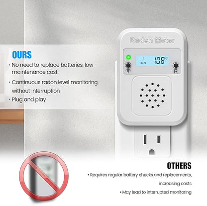 WiFi Home Radon Detector, Portable Radon Meter with Real-Time Short & Long-Term Monitoring, Plug-in Design, Instant Alerts & App Control
