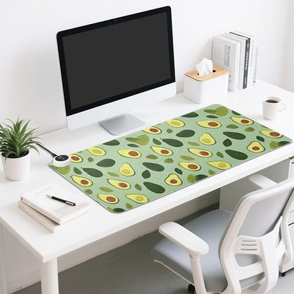Heated Desk Pad Mouse Pad 31.5x13 Inch PU Leather Desk Mat with 3 Heat Levels Large Mouse Gaming Computer Laptop Mat Green Cute Avocado and Leaves