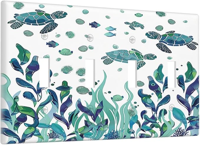 Light Switch Covers Vibrant Turtle Seagrass Watercolor Painting Quad Toggle Electrical Faceplate 4 Gang Wall Plate Decorative Switch Plates for Bathroom living Room Decor