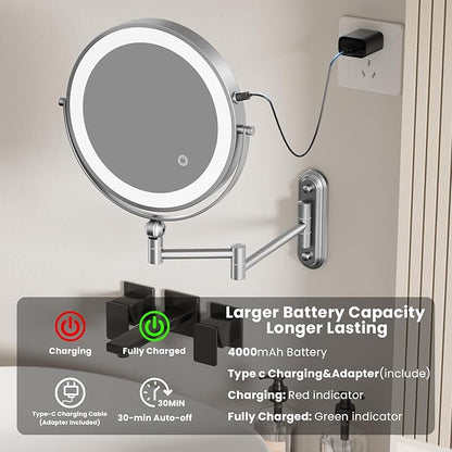 Rocollos 9-Inch Large Makeup Mirror with 30X Magnification, Rechargeable Wall Mounted Vanity Mirror with Lights, 3 Color Dimmable LED, Touch Screen & Retractable Arm-Black (9INCH-Chrome)