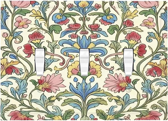Decorative Switch Plates Boho Red Floral Morris Plant Leaves 3 Gang Wall Plate Triple Toggle Light Switch Cover Faceplate Electrical Wall Panels For Farmhouse Cabin Decor