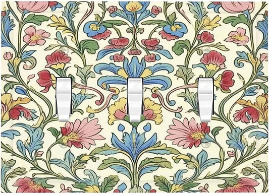 Decorative Switch Plates Boho Red Floral Morris Plant Leaves 3 Gang Wall Plate Triple Toggle Light Switch Cover Faceplate Electrical Wall Panels For Farmhouse Cabin Decor