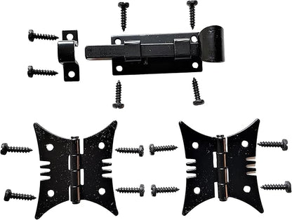 The Rustic Express, Speak-Easy Door Latch and Decorative Hinge Kit Includes 1 Speak-Easy Latch, 2 Butterfly Hinges and 12 Black mounting Screws, Size (Latch 3-1/4” x 1” x 1” Hinge 2” x 2-3/8”)