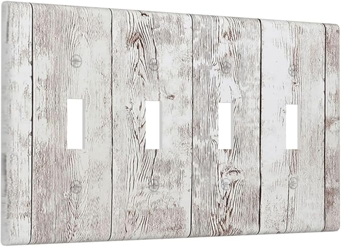 Light Switch Covers Rustic Vintage White Wood Grain Quad Toggle Electrical Faceplate 4 Gang Wall Plate Decorative Switch Plates for Farmhouse Home Decor