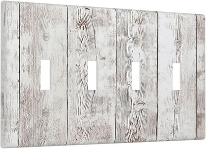 Light Switch Covers Rustic Vintage White Wood Grain Quad Toggle Electrical Faceplate 4 Gang Wall Plate Decorative Switch Plates for Farmhouse Home Decor