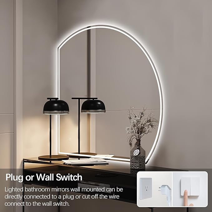 Niccy Half Moon Led Mirror for Bathroom, 28" Semi Round Backlit Mirror for Wall Lighted Mirror with Frameless 3 Color, Defogger, Explosion-Proof, HD Glass and IP65 Vanity Mirror