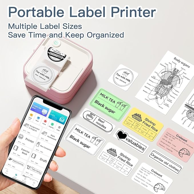 Label Maker Machine, HD Mini Sticker Printer with 7 Rolls Paper, Portable Thermal Print Pod Supports 12-57mm Papers, Bluetooth Pocket Printer for Home, Kitchen, School (Light Pink)