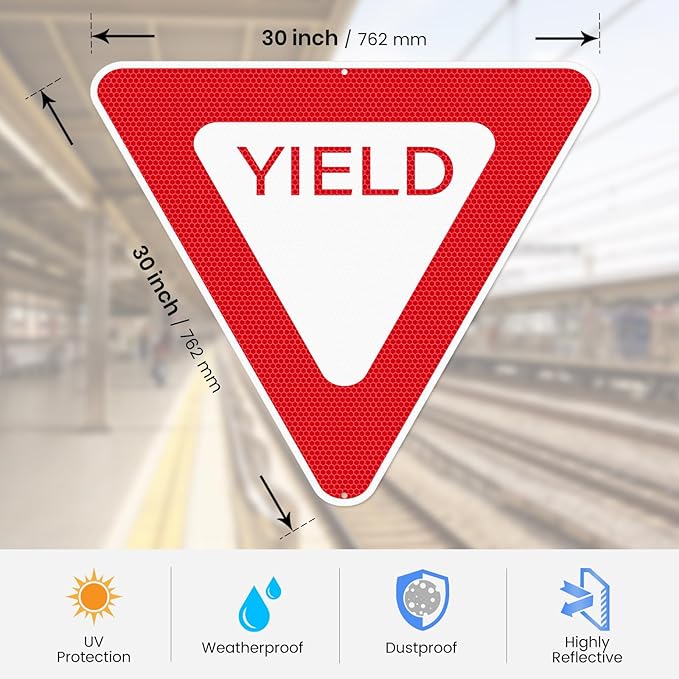 Yield Sign 30 × 30 Inch Engineer Grade Reflective Aluminum Waterproof Fade-Resistant Red Yield Safety Sign with Pre-Drilled Holes for Road Driveway Street