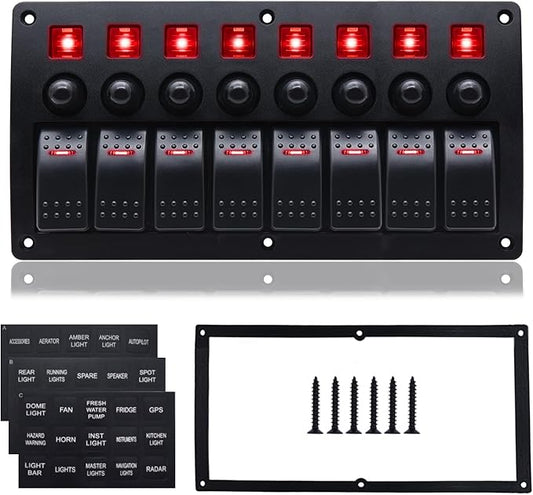 Geloo 8 Gang Marine Rocker Switch Panel, Boat Switch Panel Waterproof, 12V Switch Panel with Red LED Light, Aluminum Switch Panel for Car RV Truck with 5A 10A 15A Circuit Breaker