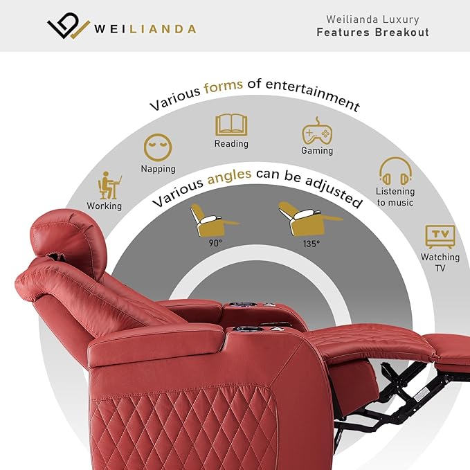 Weilianda Home Theater Seating Top Grain Leather Zero Gravity Recliner Chair Power Headrest Recline Movie Seat Gaming 7 Colors Mood Light Sofa with Tray Table USB Charge Row of 3 Loveseat Right Red