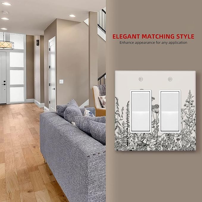 Decorative Outlet Covers Beige Skech Plant Leaves Flowers 2 Gang Wall Plate Double Rocker Two Switch Wall Cover Plate Light Switch Cover Plate Faceplate for Country Bedroom Home Decor