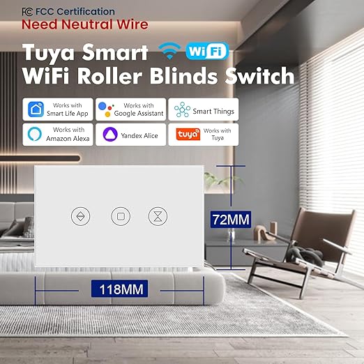 Smart Roller Shutter Switch 118X72X34MM Need Neutral Wire,2.4GHz WiFi Roller Shutter Switch, Tempered Glass Panel, Compatible with Alexa and Smart Life, White WiFi-Roller Shutter