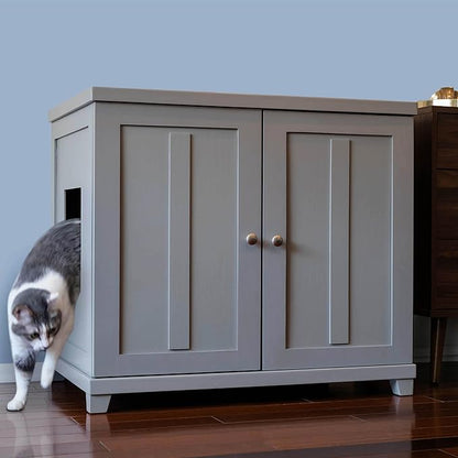 The Refined Feline Cat Litter Box Enclosure Cabinet, Shaker, Smoke Gray, Tapered Feet, XLarge, Hidden Litter Cat Furniture with Drawer