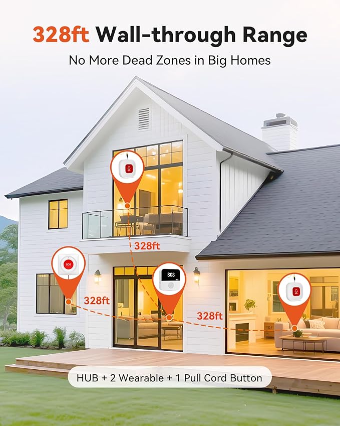 WiFi Caregiver Wireless Call Button System - 2 Lanyard + 1 Pull Cord Emergency Button, No Monthly Fee APP Alert, Custom Names/Tones, Elderly Safety for Mobile, Bathroom & Bedside Care