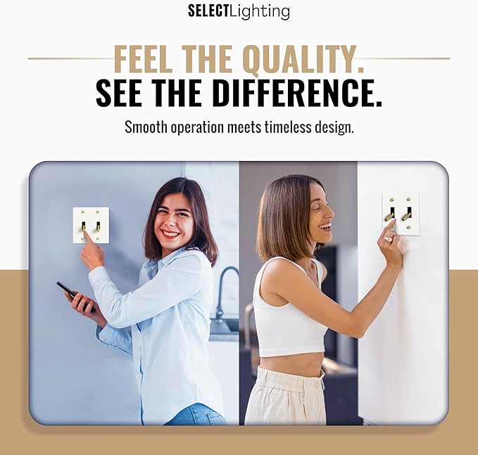 Select 15A 120V AC 2-Gang Toggle Switch, White with Solid Brass Vintage Style Single Pole 3 Way Compatible Wall Mount Toggle Switch, Included Faceplate & Switch Module, UL Listed
