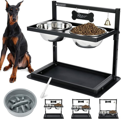 Elevated Dog Bowls with Slow Feeder for Large and Medium Dogs, Adjustable Height Raised Dog Bowl Stand with 2 Stainless Steel Bowls and Spill-Proof Mat, Dog Feeder for Healthy Eating (Grey)