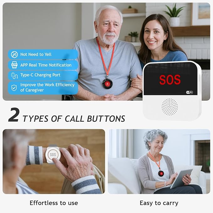 WiFi Smart Wireless Caregiver Pager Call Button Emergency Alert System Life Alert Button for Elderly Patient Seniors Disabled 1 SOS Panic Button 1 Receiver(Only Supports 2.4GHz & No Monthly Fee)