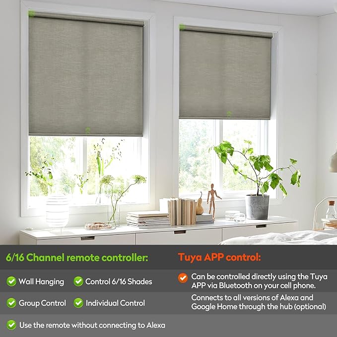 ZSTARR Motorized Light Filtering Roller Blinds with Remote Control,Rechargeable Smart Window Shades Compatible with Alexa Google via Hub,Fabric Wrapped Valance, Custom Size (Light Khaki)