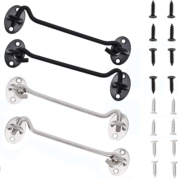 4 Pack Barn Door Latch Door Lock Hardware, Sliding Door Lock Eye Hook Latch with Screws, Rust-Resistant Metal Gate Latch, Privacy Hooks Latch for Inside Door, Wooden Fence