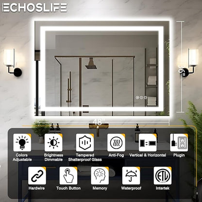 48"x36" LED Bathroom Mirrors for Wall, Front and Backlit Mirror, Anti-Fog Vanity Mirror with Lights, Stepless Dimmable Lighted Mirror, 3 Colors Smart Mirror (Horizontal/Vertical)