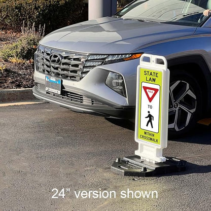 Plasticade Crosscade Crosswalk Sign, 24" Vertical Panel with 12x24 State Law Yield To Pedestrians Sign, Impact-Resistant Rubber Base, Diamond Grade Reflective Background and HIP Sheeting
