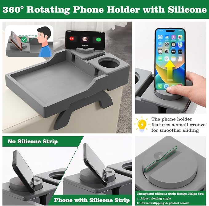 Couch Cup Holder, 4-in-1 Side Couch Arm Tray with Phone Holder, Sofa Clip on Side Table for Wide Couches Arm, Suitable for Home Drinks/Remote/Snacks-Grey