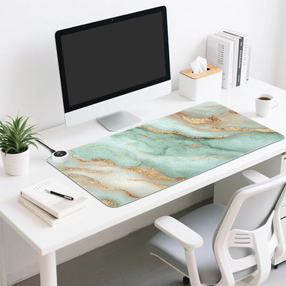 Heated Desk Pad Mouse Pad 31.5x13 Inch PU Leather Desk Mat with 3 Heat Levels Large Mouse Gaming Computer Laptop Mat Mint Green and Gold Marbletexture