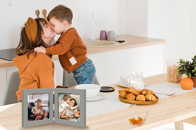 Double 4x4 Square Combo, Grey Wood Picture Frame, 3.5x3.5 Opening Foldable Photo Frame on Table-top or Wall
