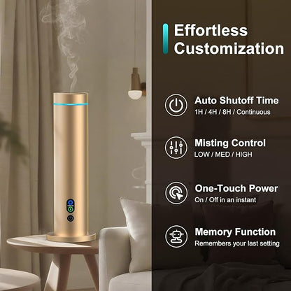 Waterless Diffuser, 1000 Sq.Ft Coverage, Essential Oil Diffuser with Tilt-Safe, Remote Control, Adjustable Mist Mode, Mood Lights Aromatherapy Diffuser for Home, Large Room, Office, Hotel, Gold