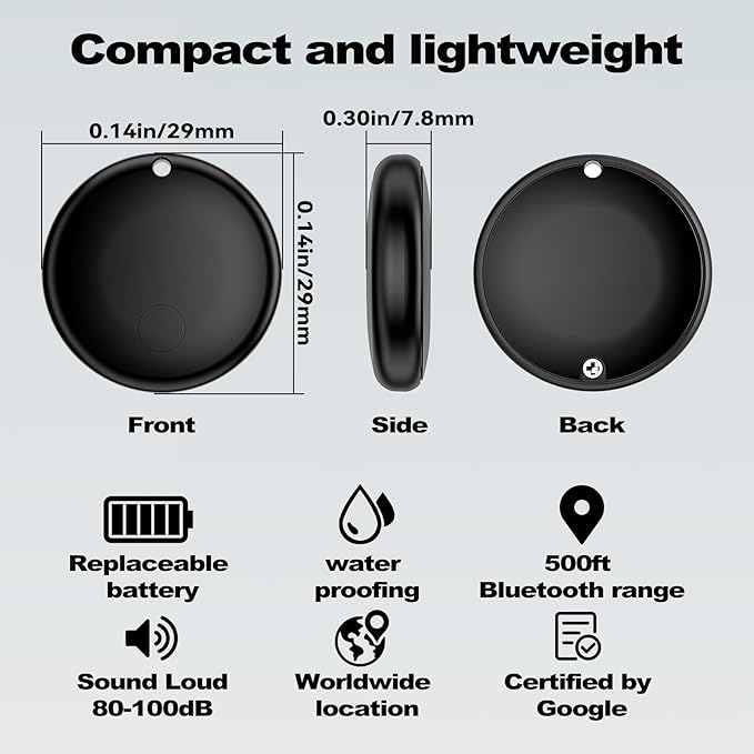 Smart Air Tag Tracker for Android, Google Android Tag Tracker Work with Google Find My Device (Find Hub), Key Finder/Luggage Tracker/Item Locator, 1 Pack Black
