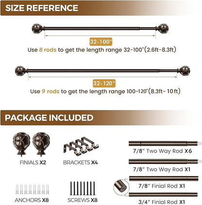 KAMANINA Curtain Rods for Windows 66 to 120 Inch, 7/8 Inch Antique Bronze Heavy Duty Curtain Rod 32 to 120 (2.6-10ft), Adjustable Decorative Drapery Rods with Netted Texture End