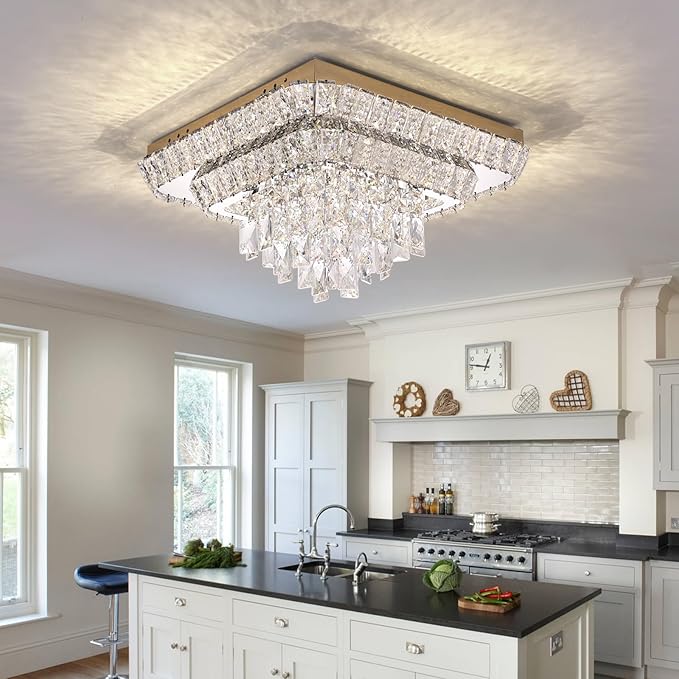 Elegant LED Gold Crystal Raindrop Ceiling Light,18 Inch Square Flush Mount Chandelier with Remote for Living Room Kitchen Island Bedroom Hallway Entryway Foyer (Dimmable)