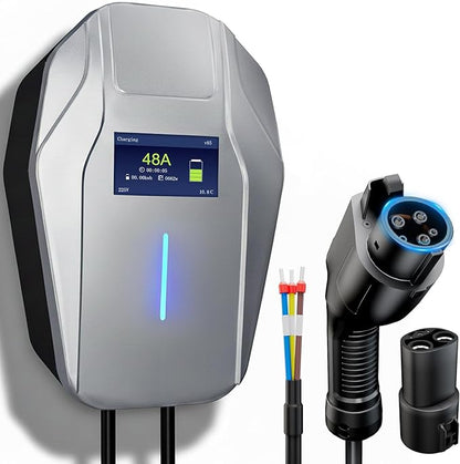Level 2 EV Charger, 240V 48Amp EV Charger Level 2 for Home with Hardwire, J1772 Connector & Tesla Adapter, 11.5KW Electric Vehicle Charging Station with Smart APP, 26FT Cable, 4.3'' LCD Display