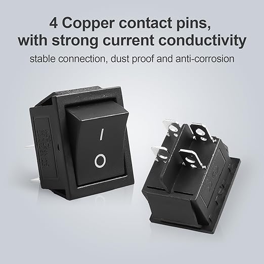 1Pcs Black KCD4 Boat Rocker Switch 2-Position 4-Pin DPST Panel Switch 16A 250VAC 20A 125VAC, with 6pcs FDFD2-250 Blue Terminals, CE