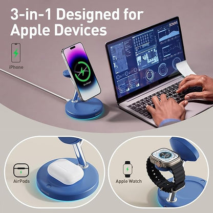 3 in 1 Charging Station Compatible with Mag-Safe Charger Wireless Charger Stand for iPhone 16 15 14 13 12 Series Wireless Charging Station for AirPods Wireless Charging Stand for iWatch Series (Blue)